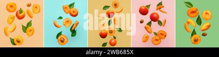 Collage with many flying apricots on color background Stock Photo