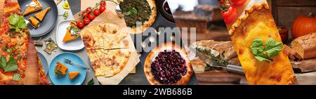 Collection of tasty natural pies on table Stock Photo