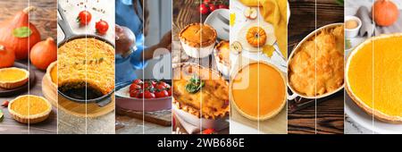Collage of tasty pies on table Stock Photo