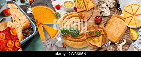 Collection of tasty pies on table Stock Photo