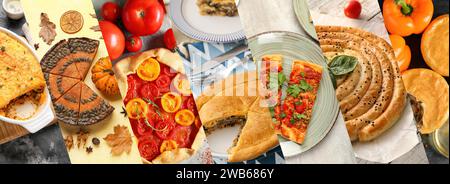 Collage of tasty pies on table Stock Photo