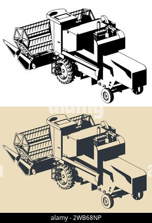 Stylized vector illustrations of a combine harvester Stock Vector