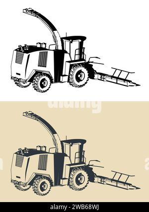 Stylized vector illustrations of a combine harvester Stock Vector