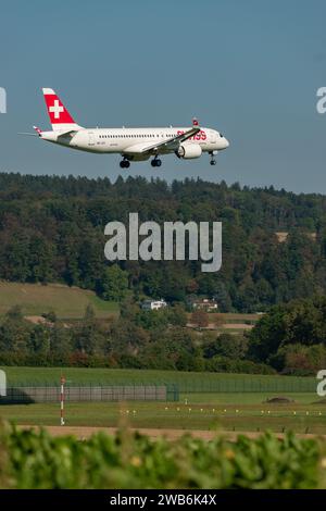 Zurich, Switzerland, September 6, 2023 HB-JCC Swiss international airlines Airbus A220 or Bombardier CS-300 aircraft is landing on runway 14 Stock Photo