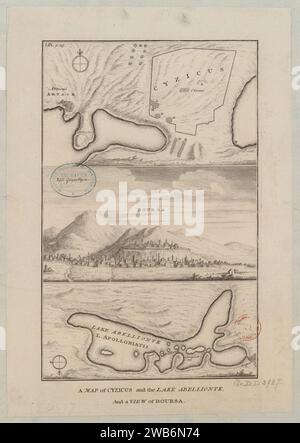 1745 map - A map of Cyzicus and the lake Abellionte, and a view of Boursa. Stock Photo