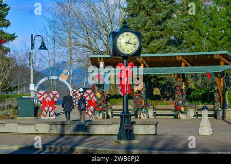 Town clock, Christmas display, Harrison Hot Springs, British Columbia, Canada Stock Photo