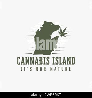 Vintage retro bear island, bear holding cannabis marijuana hemp island logo icon vector template on white background Stock Vector