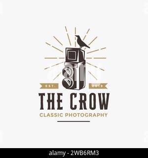Vintage hipster old camera and crow raven bird logo Stock Vector