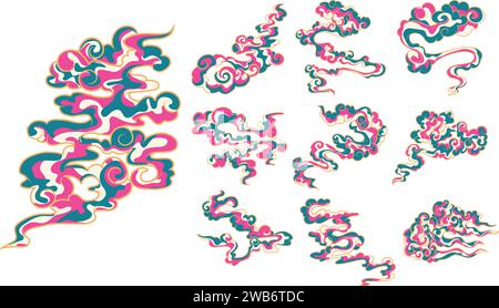 Chinese cloud oriental element vector illustration big collection gradient filled golden silhouette style Stock Vector