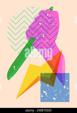 Risograph Kitchen Knife in hand with geometric shapes. Scary murderer object in trendy riso graph print texture style design with geometry elements. Stock Vector