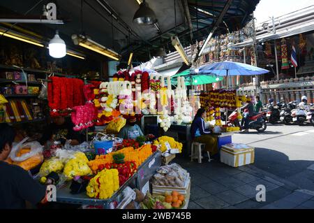 Flower garlands sold by the Sri Maha Mariamman Temple on Silom Road, Bangkok, Thailand. Stock Photo