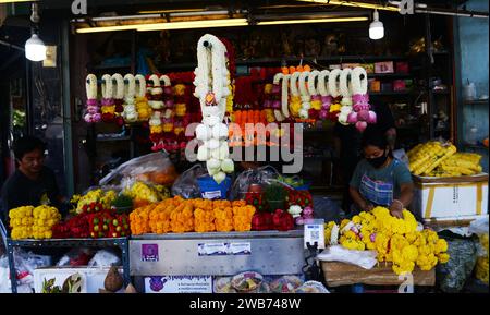 Flower garlands sold by the Sri Maha Mariamman Temple on Silom Road, Bangkok, Thailand. Stock Photo