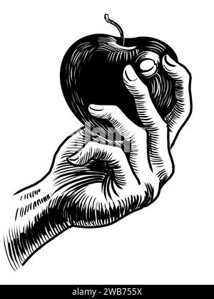Hand with apple. Hand-drawn black and white drawing Stock Photo
