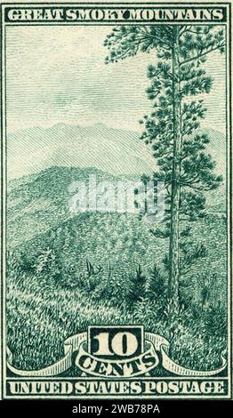 ''GREAT SMOKY MOUNTAINS'' ''10 CENTS UNITED STATES POSTAGE'' (Great Smoky Mountains National Park) stamp detail, from- Society of Philatelic Americans 10c 1937 issue U.S. souvenir sheet (cropped). Stock Photo