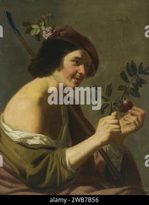 Jan van Bijlert and Workshop of Jan van Bijlert - Shepherd wearing a baret, holding a staff and a plum branch. Stock Photo