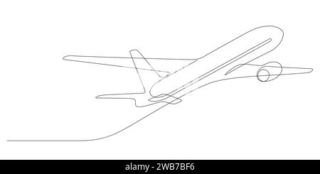 airplane takeoff minimalist continuous one line drawing thin line illustration Stock Vector