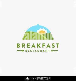 Mountain landscape and sun omelet, breakfast restaurant logo Stock Vector