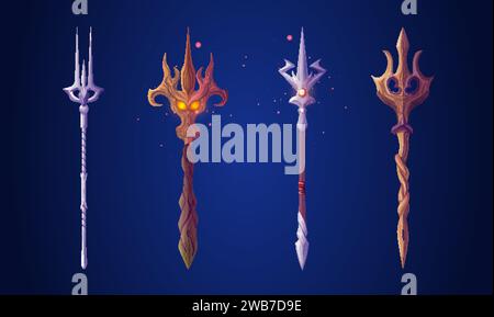 Poseidon or Neptune magic fantastic trident made of wood and metal. Cartoon vector illustration set of mythology harpoon or pitchfork decorated with g Stock Vector
