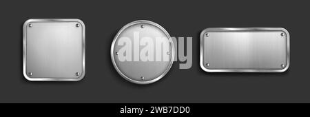 Set of blank metal tags isolated on black background. Vector realistic illustration of steel, silver, iron plates of round, square, rectangular shapes Stock Vector