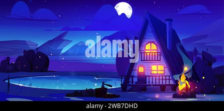 Panoramic summer night landscape with wooden hut and campfire on shore of lake near rocky mountains under starry sky and fool moon light. Cartoon wood Stock Vector