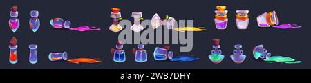 Magic potion bottle animation with spill vector. Fantasy witch glass elixir icon set. Full and empty alchemist jar asset ui design. 2d cork antidote p Stock Vector