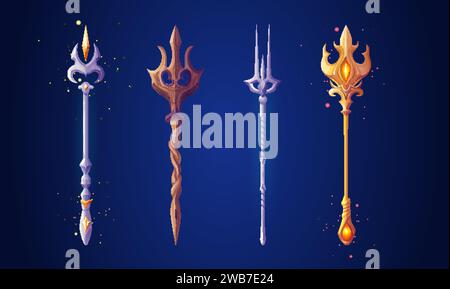 Trident staffs set isolated on background. Vector cartoon illustration of silver, wooden, golden sticks with sharp tips decorated with yellow crystal Stock Vector