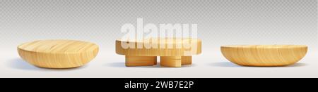 Round wooden podiums for product presentation isolated on transparent background. Vector realistic illustration of 3D platforms made of natural materi Stock Vector