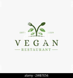 Spoon fork leaf Organic food, vegan restaurant logo vector icon template on white background Stock Vector