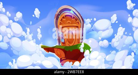 Island with wooden door floating in sky. Vector cartoon illustration of piece of land flying in heavenly cloudscape, portal to fantasy world, retro do Stock Vector