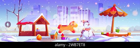 Winter playground for children in city park. Vector cartoon illustration of snowy public garden with snowman, rocking horse, wooden hut, sandbox under Stock Vector