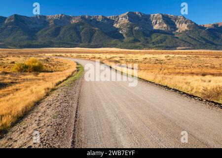 Taylor Mountain in Centennial Mountains with refuge road, Red Rock Lakes National Wildlife Refuge, Montana Stock Photo