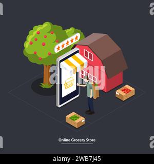 A vector illustration of Isometric Online Grocery Store Concept Stock Vector