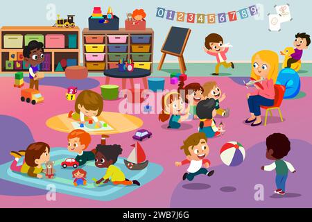 A vector illustration of Kindergarten Students in Their Classroom Stock Vector
