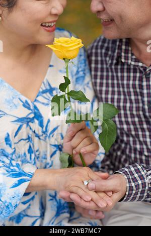 Cropped image of senior man holding hand of wife when giving her yellow rose Stock Photo