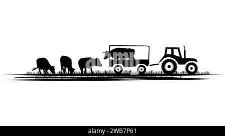 Set of silhouette scenes from farm life with tractor and cows isolated on white background. Vector rural clipart. Stock Vector