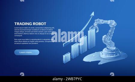Polygonal shiny Trading Robot isometric concept with chart and upward arrow and copy space on dark blue background. Automatic bot trading banner or tr Stock Vector
