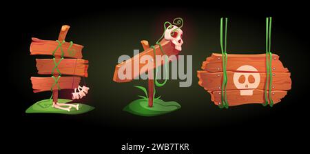 Wooden sign board with jungle liana vines, bones and skull on green grass or moss islands. Cartoon set of danger rain forest wood frames and banners for signage and title text for game ui design. Stock Vector