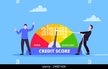 Man pushes credit score arrow gauge speedometer indicator with color levels. Measurement from poor to excellent rating for credit or mortgage loans co Stock Vector