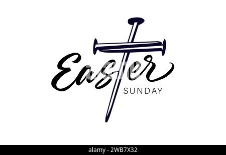 Easter Sunday black calligraphy with iron nails cross. Jesus Christ cross made of nails. Christian vector illustration Stock Vector