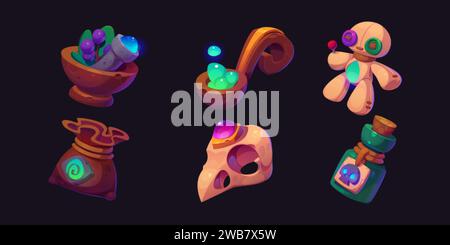 Wizard game icon set for rpg or halloween design. Magic witch staff - spiritual voodoo doll and bird skull with gem stone, potion in wooden spoon and glass bottle, herbs in bag and mortar with pestle. Stock Vector