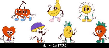 Retro groovy cartoon characters of fruits and flowers. Vector set of cute daisy and mushroom, banana and strawberry, cherry and pineapple, heart with funny face emotions and poses for vintage design. Stock Vector