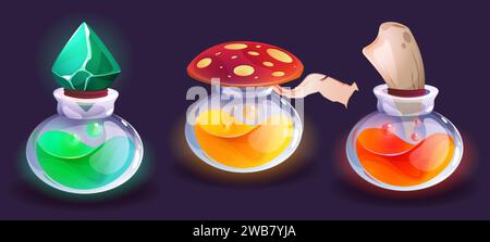 Glass bottles with magic colorful potion or medicine with emerald, canine tooth and mushroom cap as cork. Cartoon vector game ui assets set of fantasy liquid wizard elixir in chemistry vials. Stock Vector