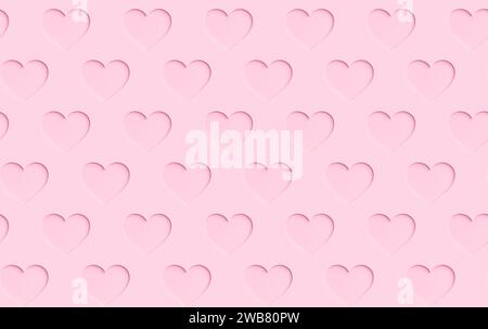 Seamless pattern of many pink hearts with paper cutout effect on a pink background. Symbol of love and Valentine's Day. Modern conceptual background. Stock Photo