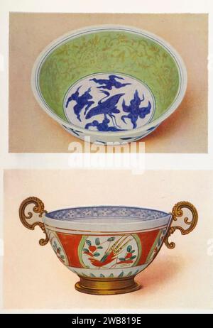 Top: Bowl decorated with Mohammedan blue and green enamel, with scrolls in leaf gold. Bottom: Bowl with enamelled ornament. Sixteenth century Ming dynasty, Chia Ching period. from Chinese art : one hundred plates in colour reproducing pottery & porcelain of all periods, jades, lacquer, paintings, bronzes, furniture, etc., etc. by   Hobson, R. L. (Robert Lockhart), 1872-1941 Publication date 1927 Publisher New York : The Macmillan Company Stock Photo