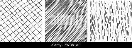 Set of textures with different hand drawn squares patterns. Pencil lines on white background Stock Vector