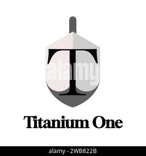 Titanium one text in black with black t letter on grey shield logo on white background. Strength, protection, business, partnership, logo and brand id Stock Photo