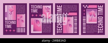 Y2k poster or cover design with bright pink flowers and text frame on purple background. Vector illustration of vertical banners template with elements in 2000s retro style. Trendy flyer composition. Stock Vector