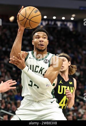 Milwaukee, USA. 9th Jan, 2024. Milwaukee Bucks forward Giannis Antetokounmpo throws a pass during the NBA regular season game between Milwaukee Bucks and Utah Jazz in Milwaukee, the United States, Jan. 9, 2024. Credit: Joel Lerner/Xinhua/Alamy Live News Stock Photo