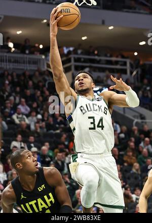 Milwaukee, USA. 9th Jan, 2024. Milwaukee Bucks forward Giannis Antetokounmpo (R) drives to the basket during the NBA regular season game between Milwaukee Bucks and Utah Jazz in Milwaukee, the United States, Jan. 9, 2024. Credit: Joel Lerner/Xinhua/Alamy Live News Stock Photo