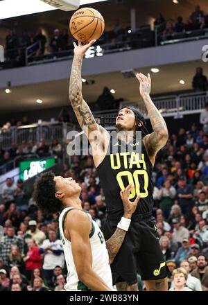 Milwaukee, USA. 9th Jan, 2024. Utah Jazz guard Jordan Clarkson (R) shoots the ball during the NBA regular season game between Milwaukee Bucks and Utah Jazz in Milwaukee, the United States, Jan. 9, 2024. Credit: Joel Lerner/Xinhua/Alamy Live News Stock Photo